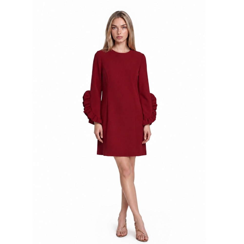 Katherine Barclay Shift Dress Women's Size Medium Red Ruffle Bell Sleeve Crimson